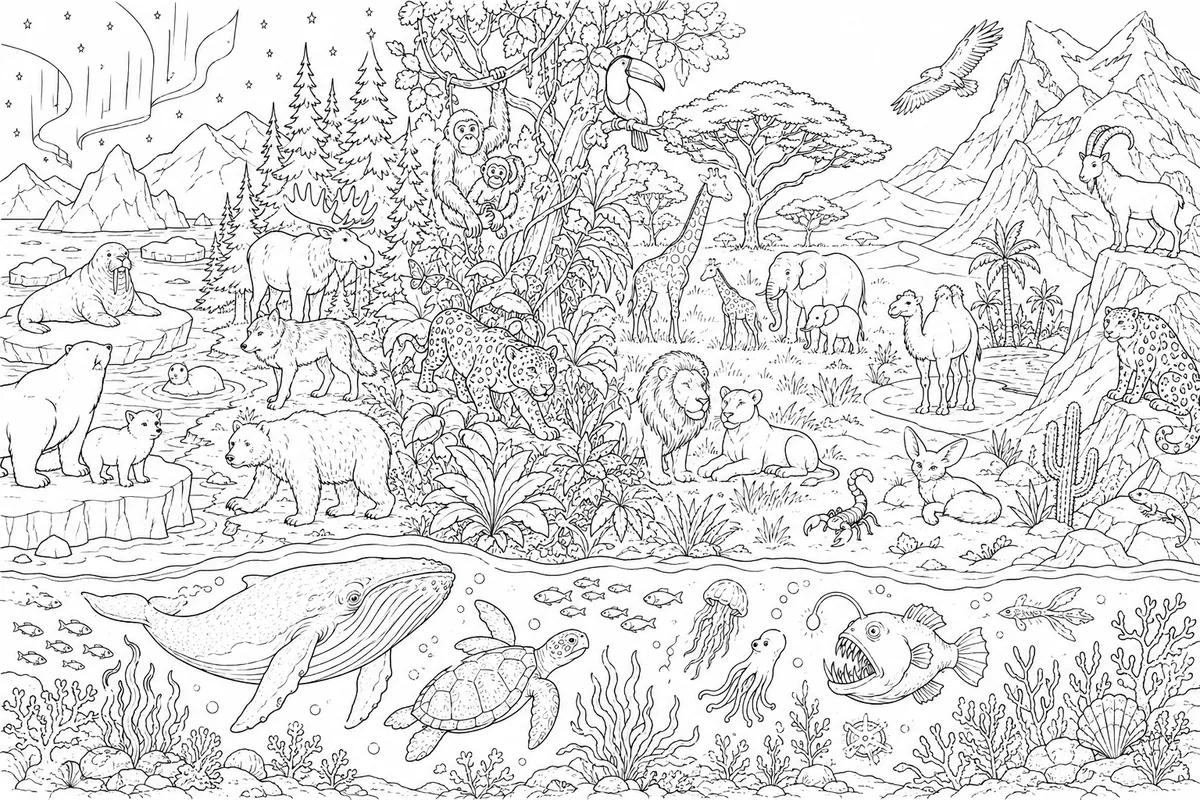 Wimmelbild coloring page: world panorama with all climate zones side by side from Arctic to deep sea