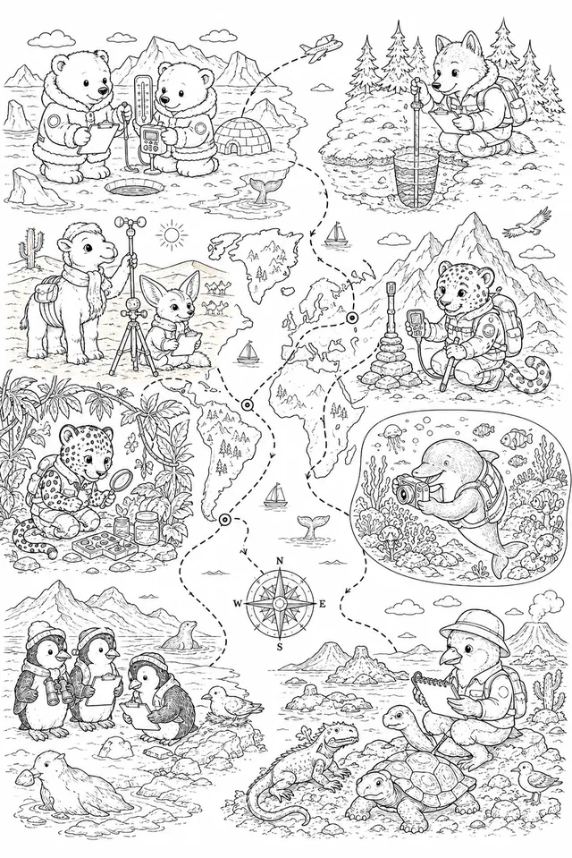 世界旅行Wimmelbild：动物孩子作为研究员
