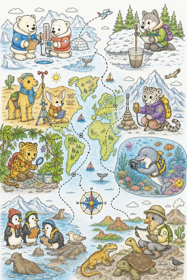 Wimmelbild涂色页：世界地图，在北极、热带和海洋地点有小型动物研究员场景