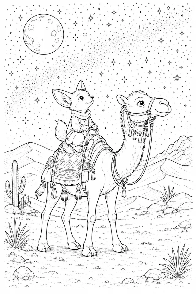 Desert Wanderer Child and Camel in Moonlight