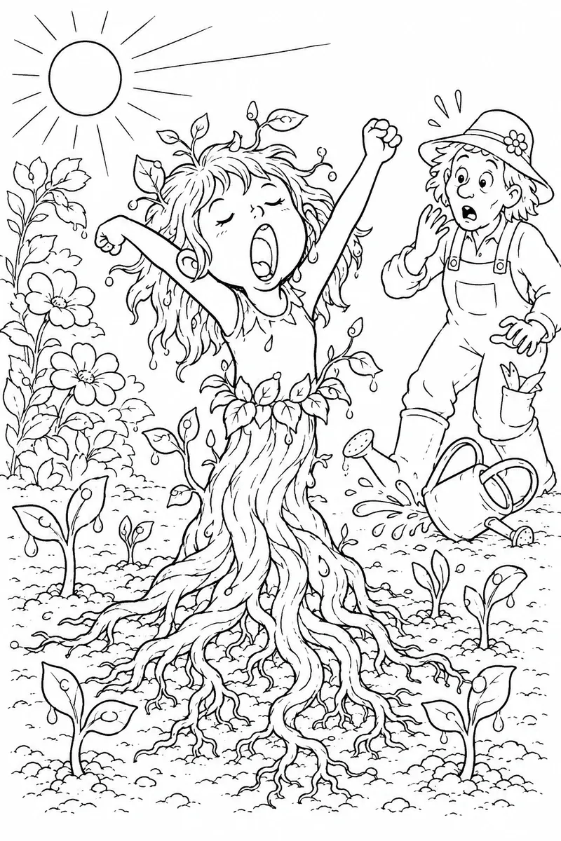 涂色页：打着哈欠从土地中伸展的曼德拉草少女