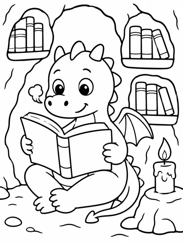 Drache liest gemütlich in seiner Höhlen-Bibliothek