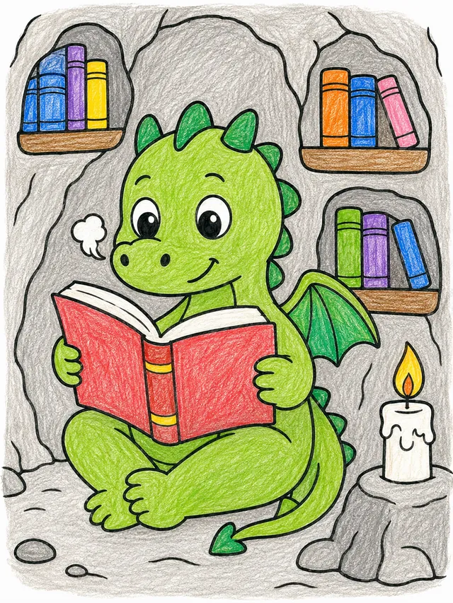 Drache liest gemütlich in seiner Höhlen-Bibliothek – So könnte es aussehen