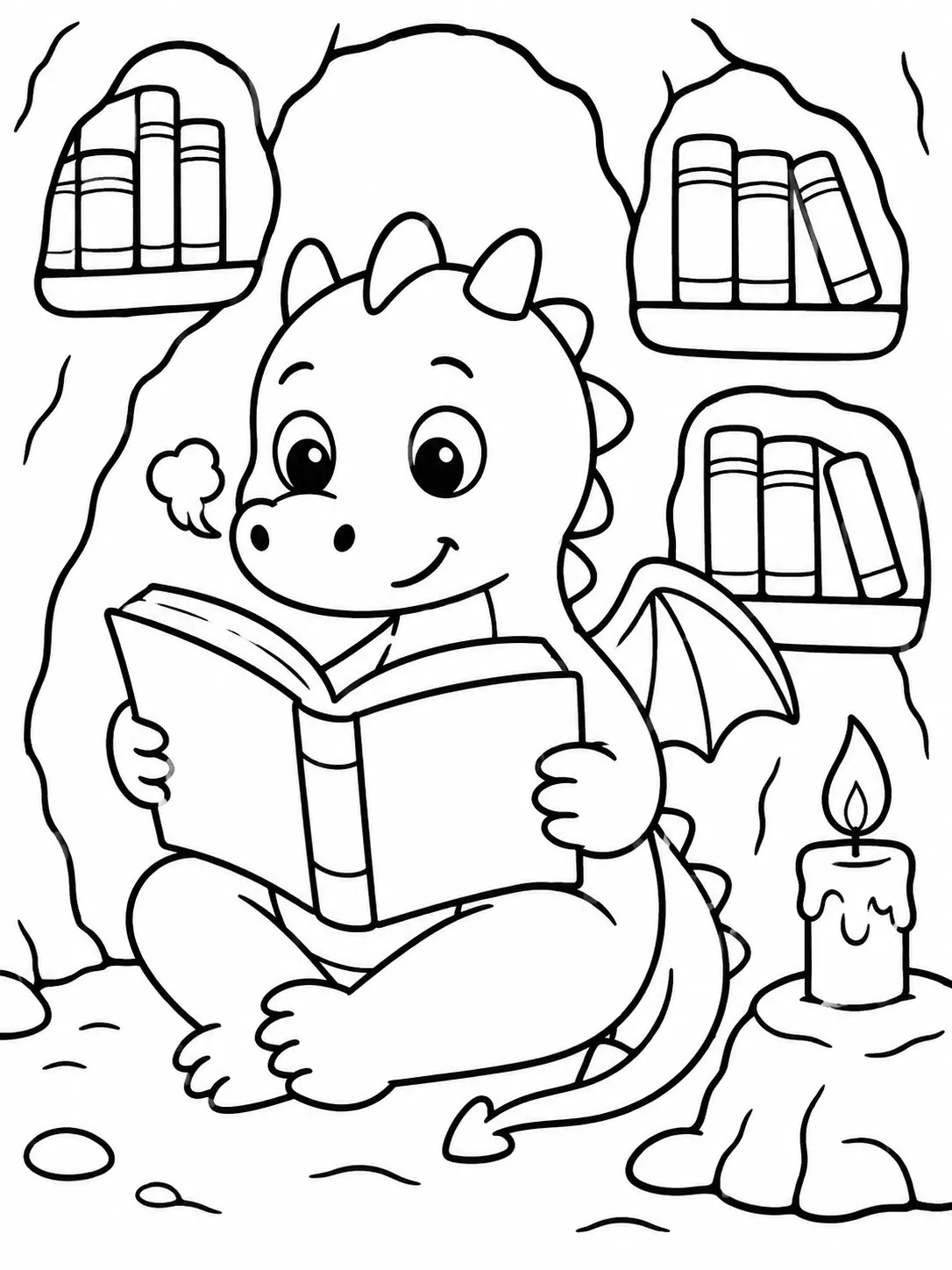 Ausmalbild: Freundlicher Drache liest Buch in Höhlen-Bibliothek