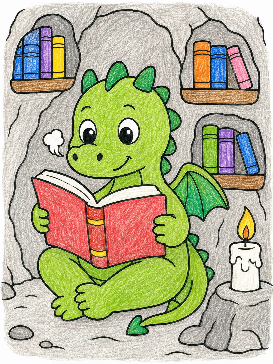 Drache liest gemütlich in seiner Höhlen-Bibliothek