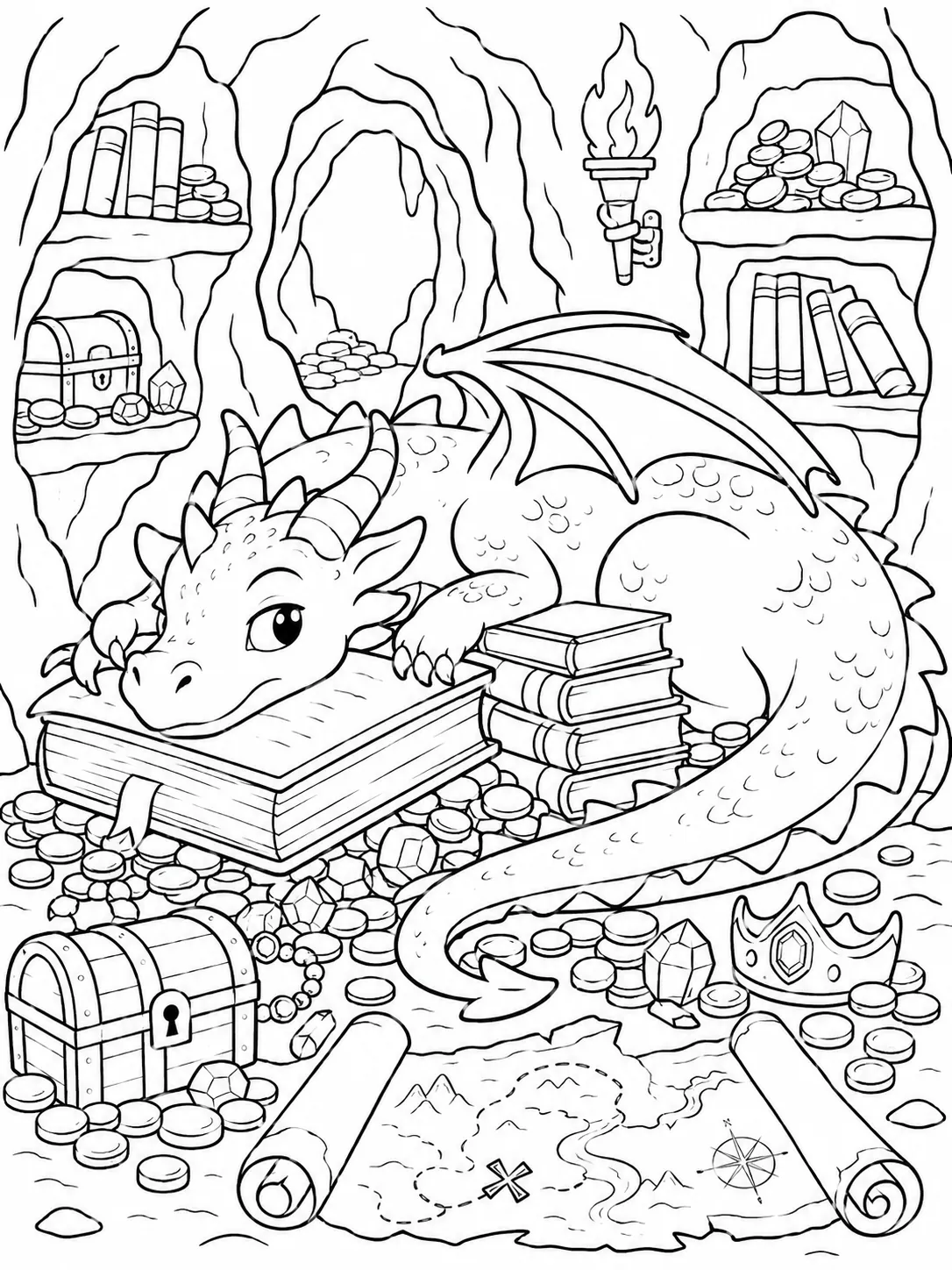 Ausmalbild: Drache wacht über Schatzhöhle mit Büchern und Gold