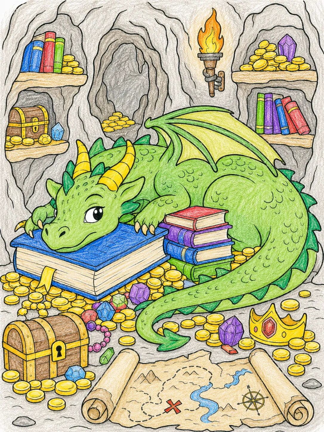 Drache hütet seine Schatzkammer aus Büchern und Gold