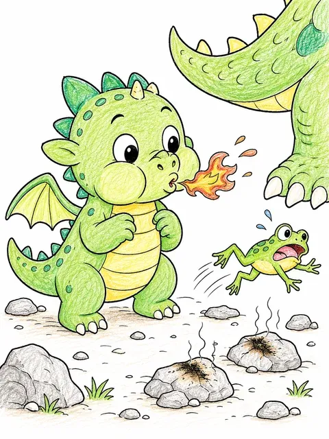 Ausmalbild: Kleiner Drachen-Welpe beim ersten Feuerspucken