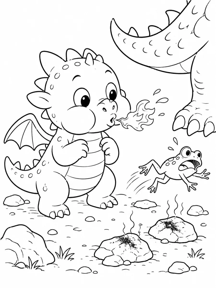 Ausmalbild: Kleiner Drachen-Welpe beim ersten Feuerspucken