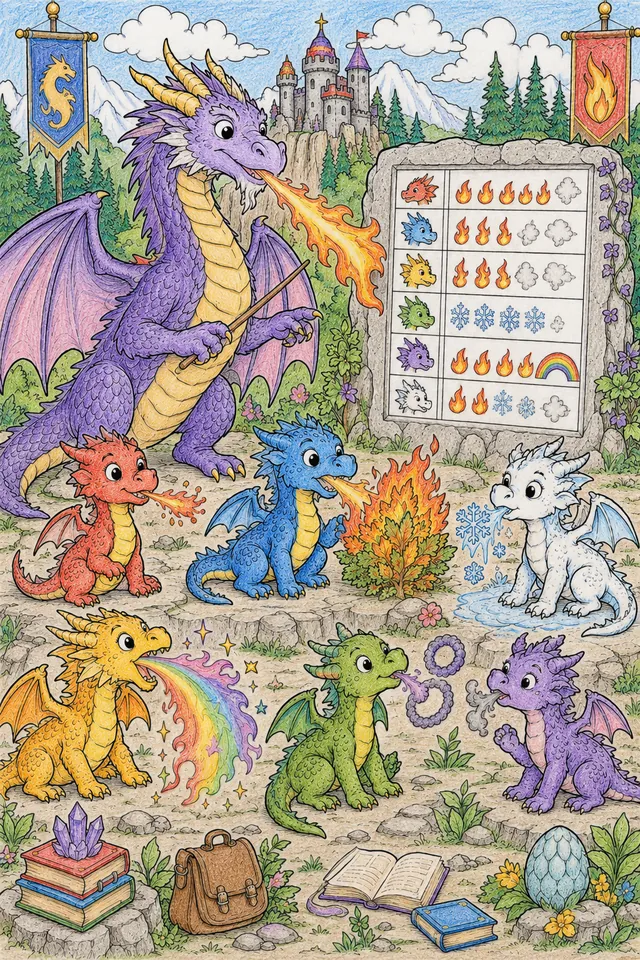 Ausmalbild: Drachen-Lehrer unterrichtet sechs bunte Jungldrachen im Feuerspucken