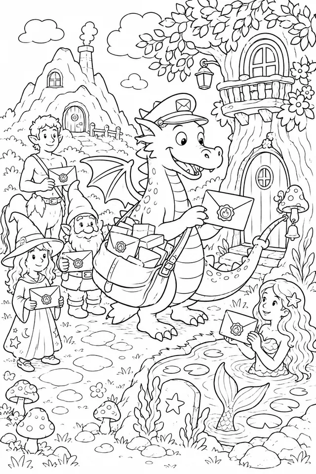 Drache arbeitet als magischer Briefträger mit Feuer-Poststempel