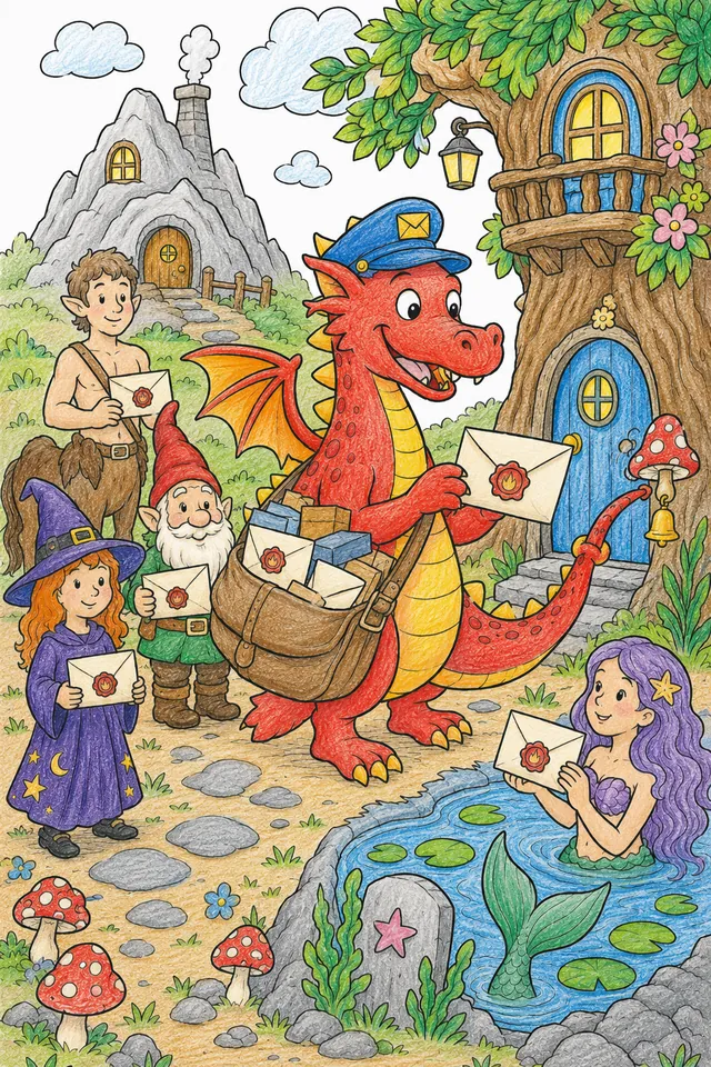 Ausmalbild: Roter Drache als Postbote liefert Briefe an Fantasiehäuser