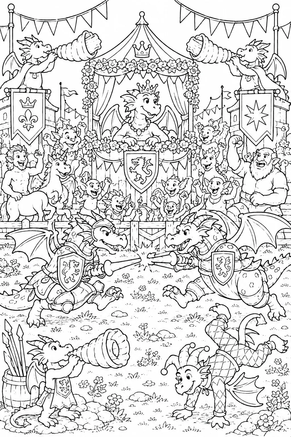 Ausmalbild: Eitler Drache bewundert eigene Portraits in Kunstgalerie