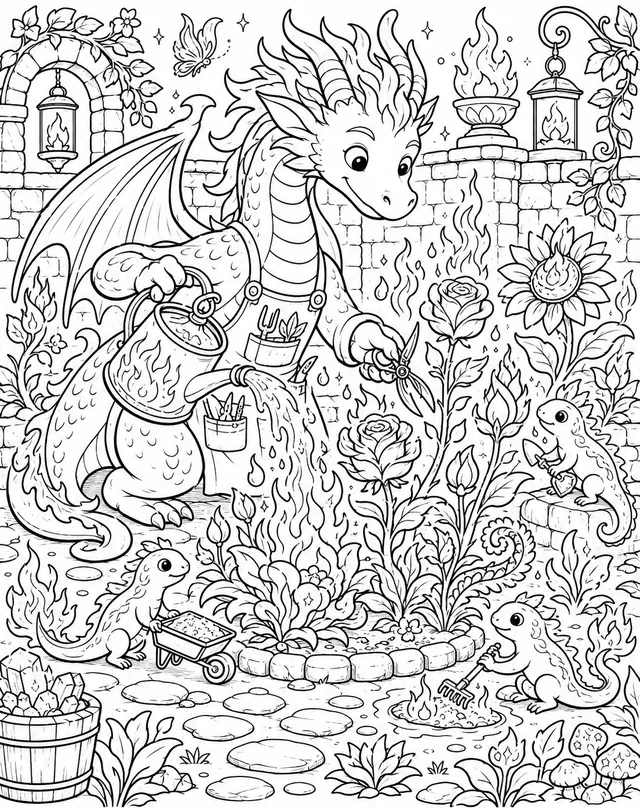 Drache pflegt seinen prächtigen magischen Feuergarten