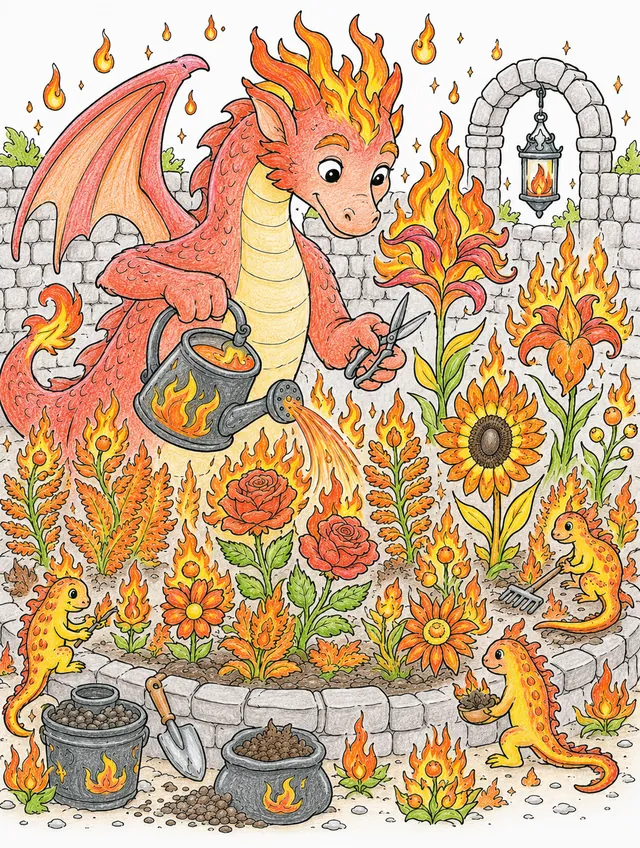 龙在照料它壮观的魔法火焰花园 – 涂色效果预览