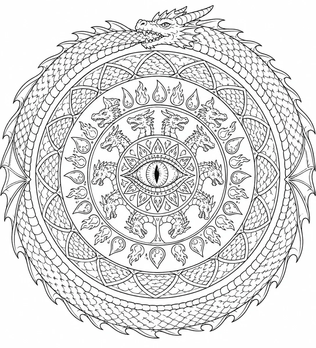 Ausmalbild: Rundes Drachen-Mandala mit Ouroboros-Drachen