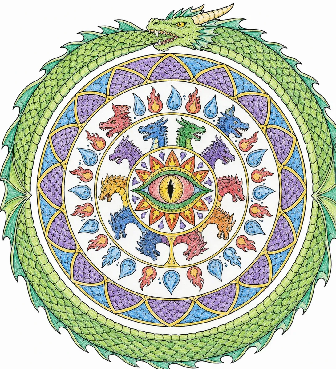 Fantasie-Mandala: Drache als Kreiskomposition
