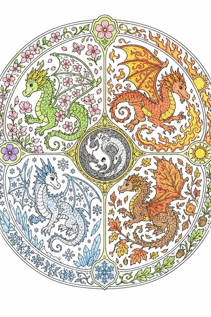 涂色页：有四只不同龙的四季曼陀罗