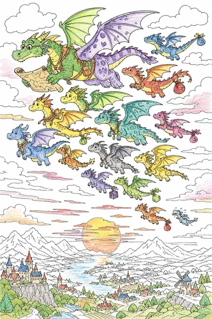 盛大秋季迁徙：龙在黄昏天空的迁徙飞行 – 涂色效果预览