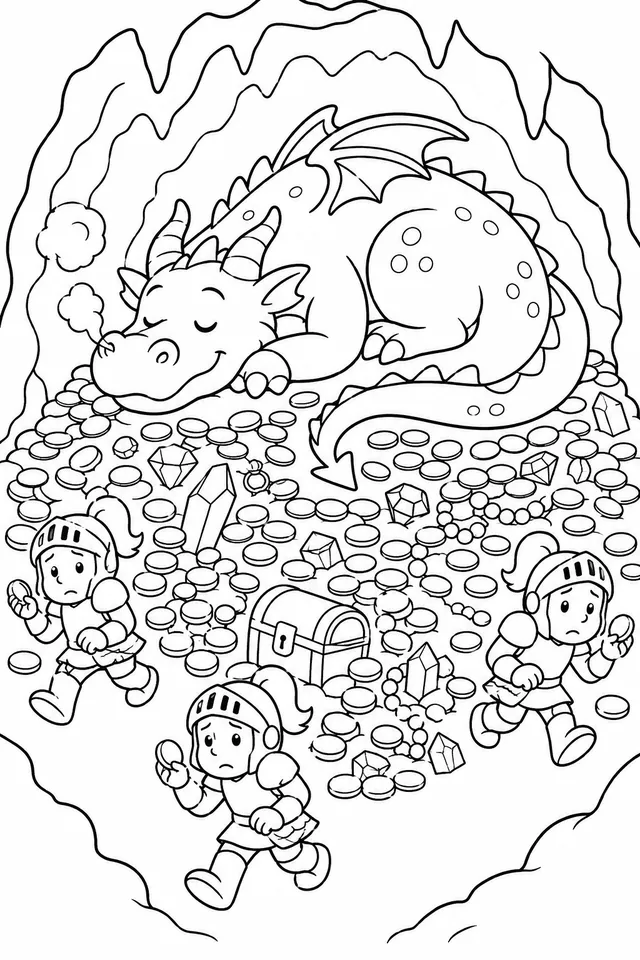 Drache schläft behaglich auf seinem riesigen Goldschatz