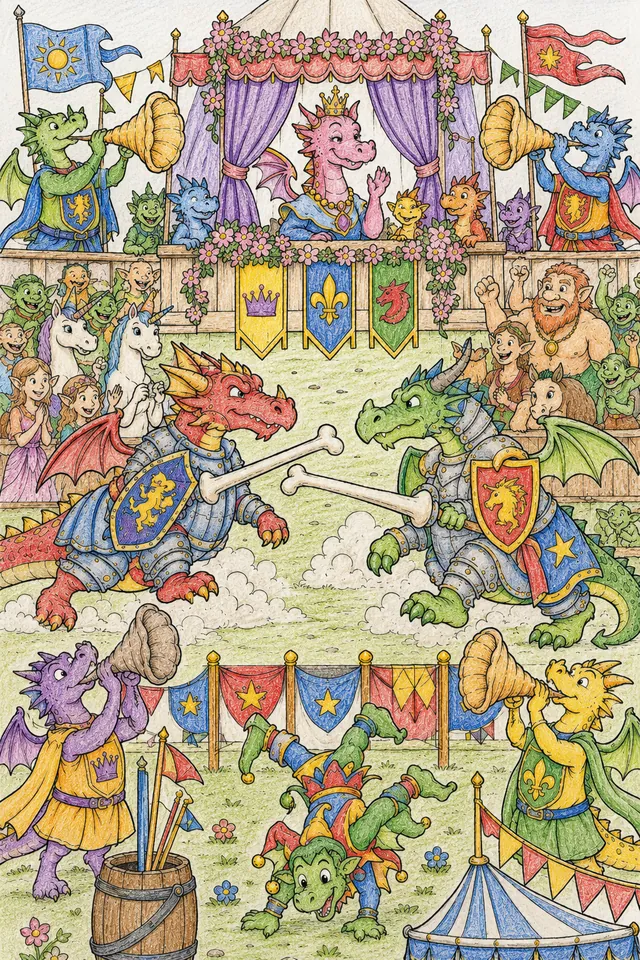 Ausmalbild: Zwei gepanzerte Drachen-Ritter beim mittelalterlichen Turnier