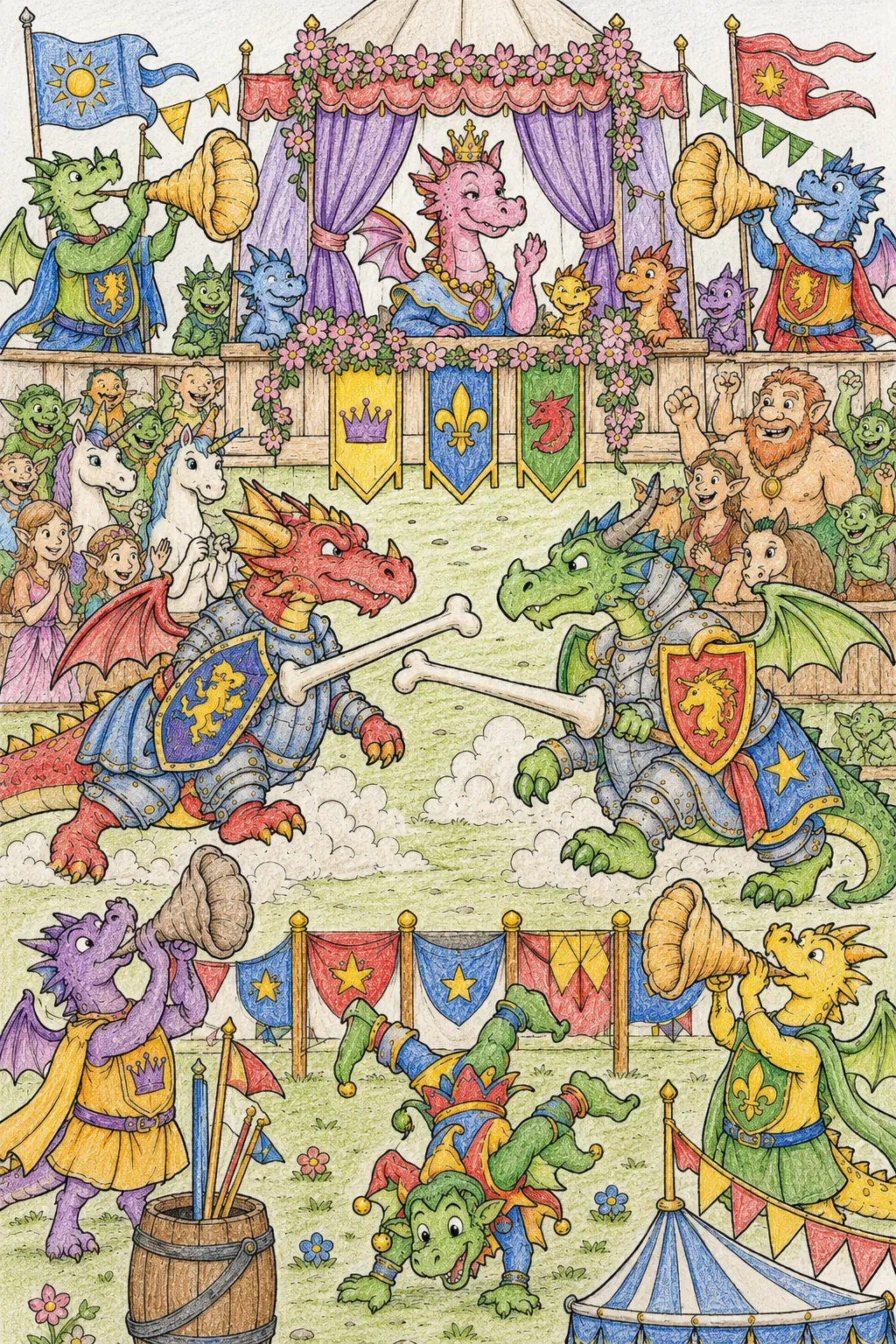 Mittelalterliches Drachen-Ritterturnier auf bunter Festwiese