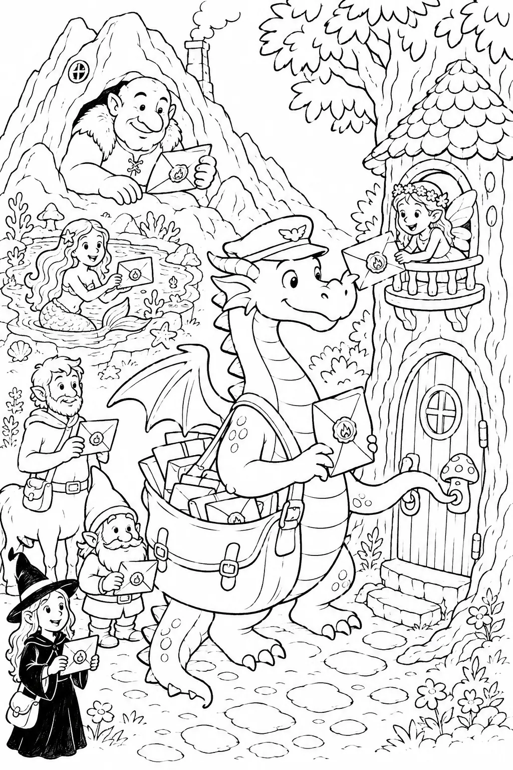 Ausmalbild: Drachen-Olympiade mit Fliegen, Feuerspucken und Schatzstapeln
