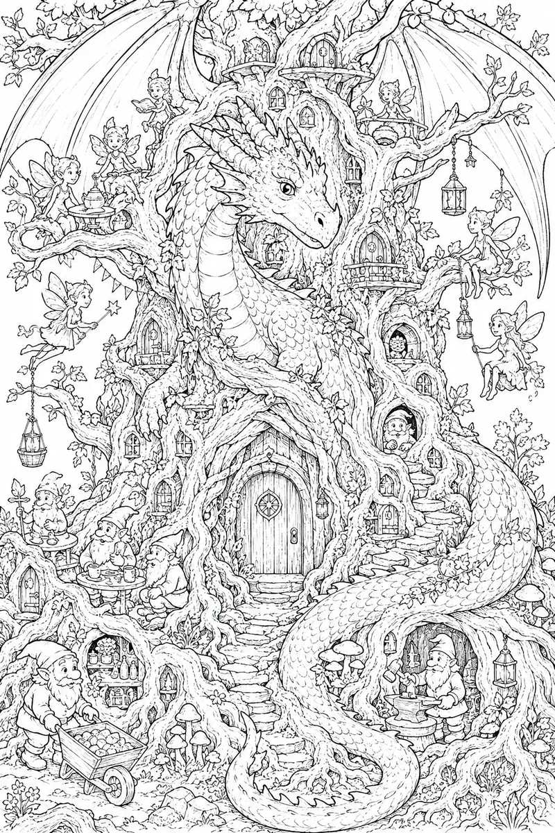 Ausmalbild: Drache verwachsen mit uraltem Baum, Feen in Ästen, Zwerge an Wurzeln
