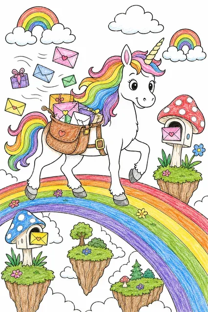 Ausmalbild: Einhorn als Briefbote im Regenbogenland