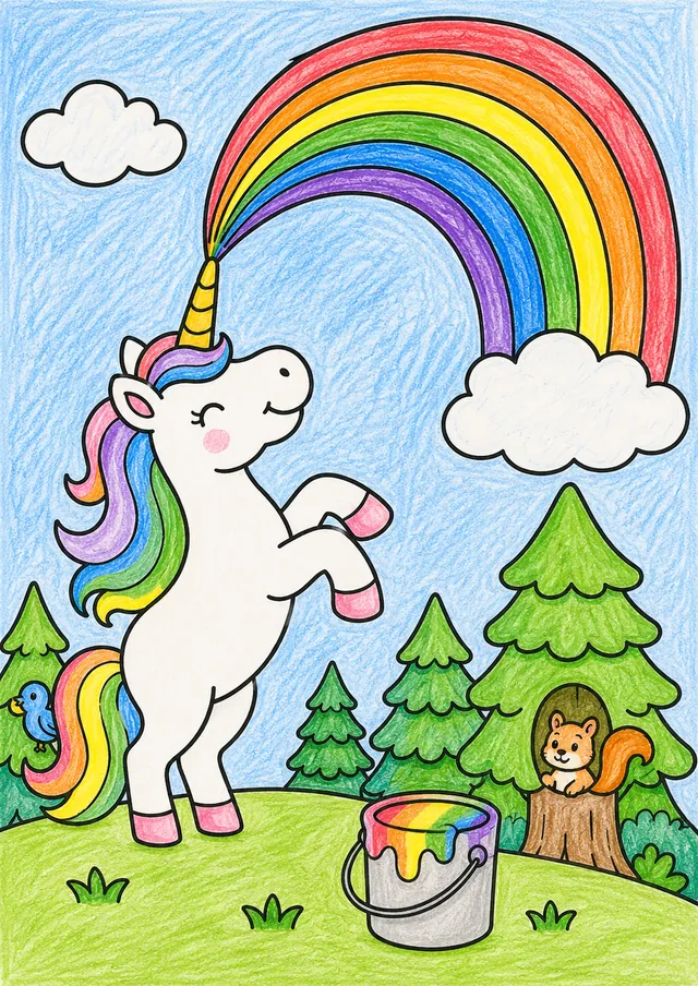 Ausmalbild: Weißes Einhorn malt Regenbogen mit seinem goldenen Horn