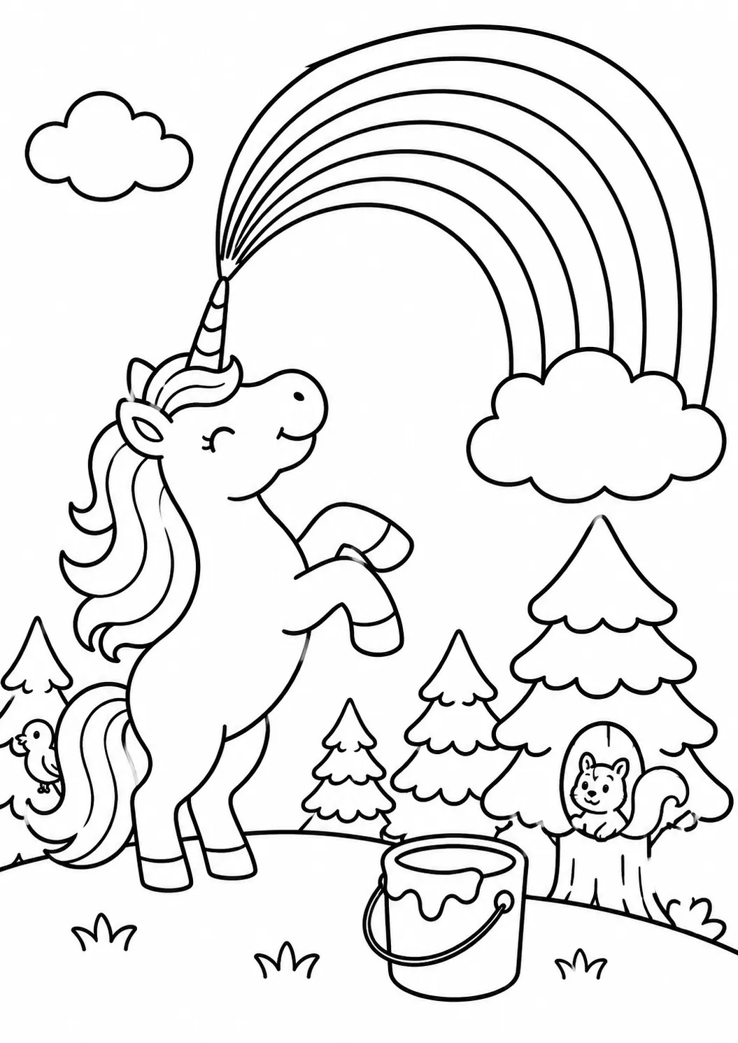 Ausmalbild: Weißes Einhorn malt Regenbogen mit seinem goldenen Horn
