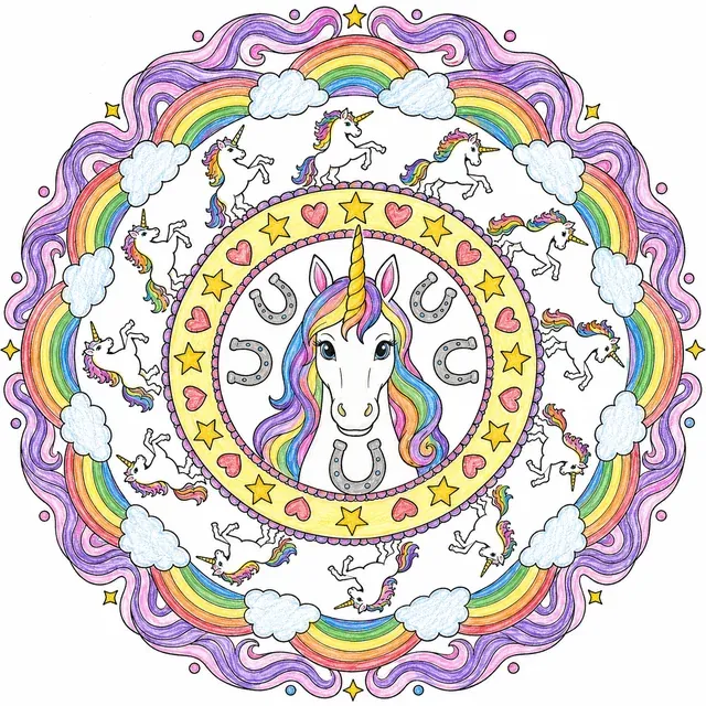 独角兽曼陀罗 — 几何彩虹图案 – 涂色效果预览
