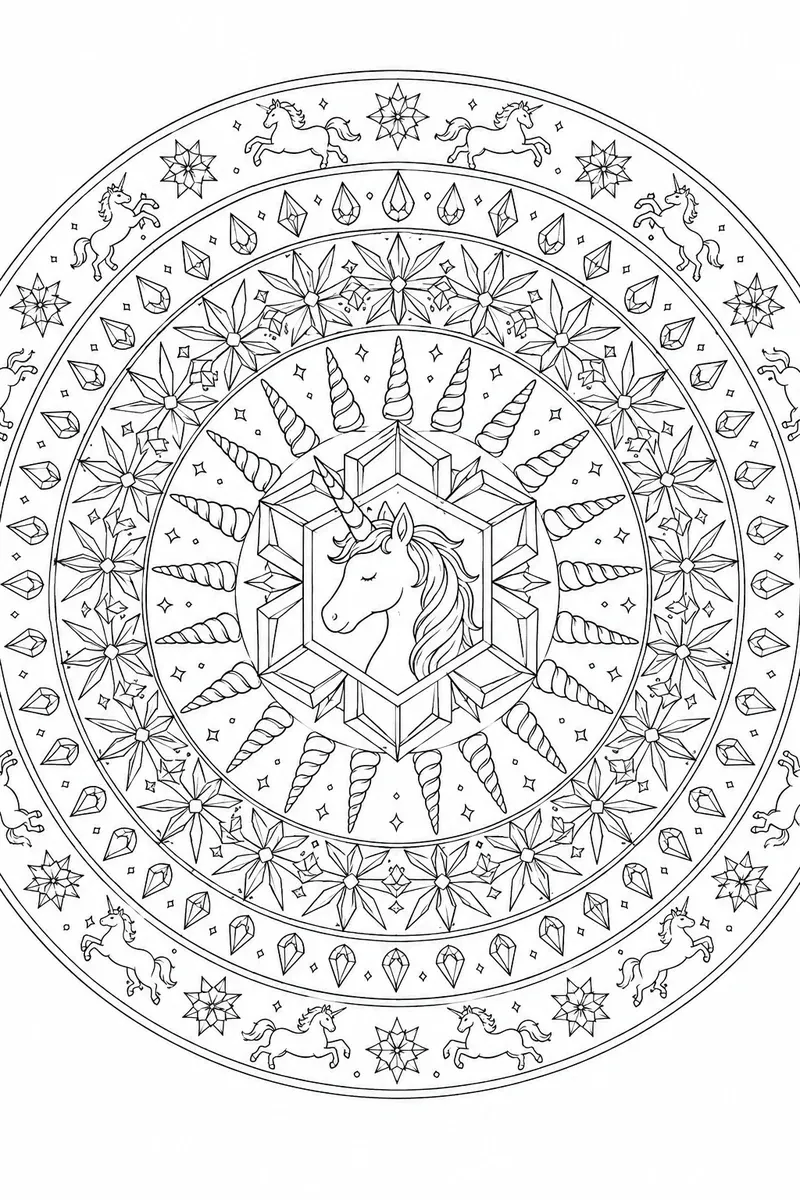 Ausmalbild: Geometrisches Einhorn-Mandala mit Kristall- und Schneeflocken-Ringen