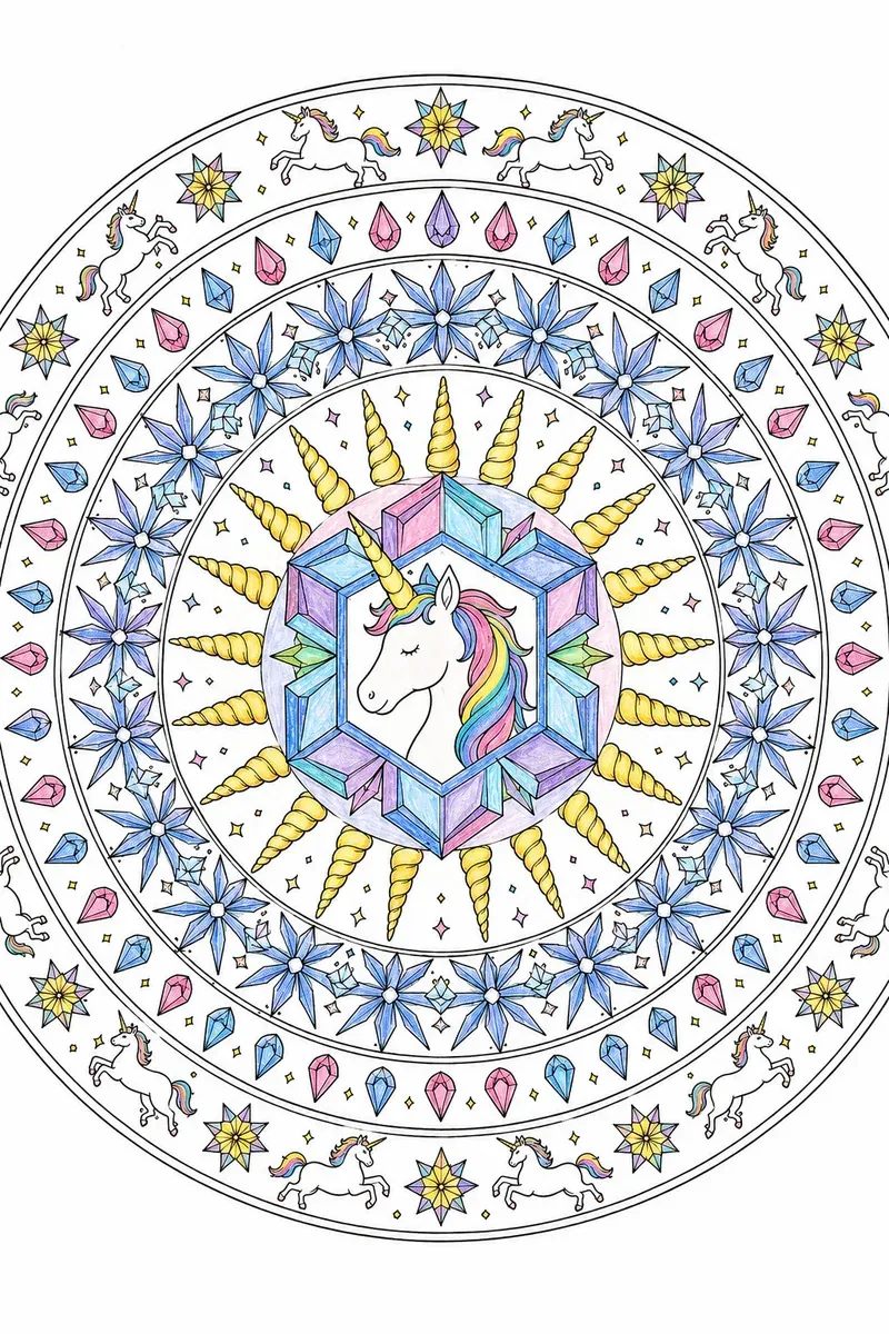 Einhorn-Kristall-Mandala: Geometrische Zauberformen