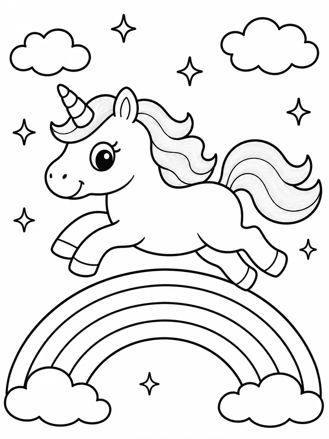 Ausmalbild: Weißes Einhorn springt über einen bunten Regenbogen