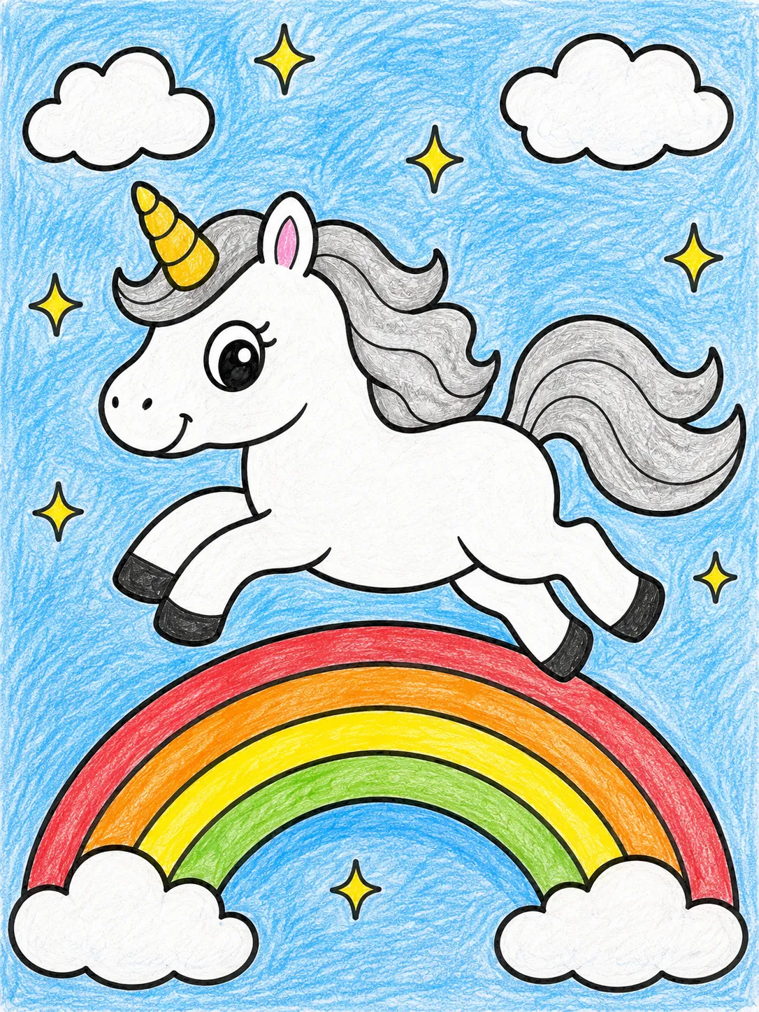 Einhorn springt über den schimmernden Regenbogen