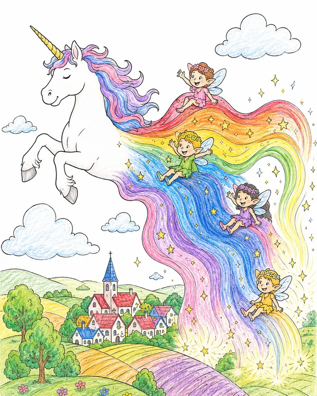 Ausmalbild: Einhorn löst sich zur Hälfte in Regenbogenströme auf