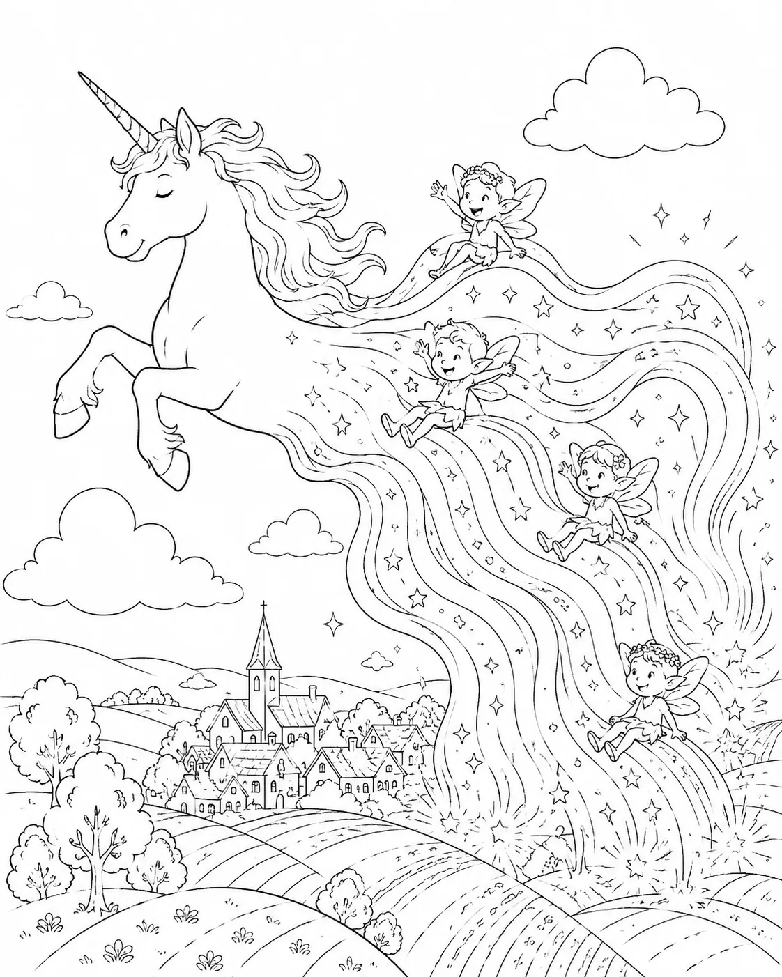 涂色页：独角兽半身溶入彩虹流