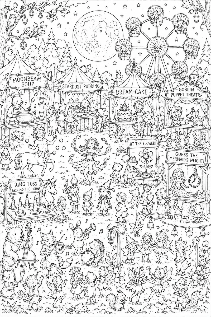 Ausmalbild: Elfenwald-Jahrmarkt mit Ständen, Spielen und Karussells bei Vollmond