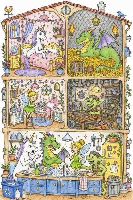 Ausmalbild: Wohnungsquerschnitt von Einhorn, Drache, Fee und Kobold als Mitbewohner