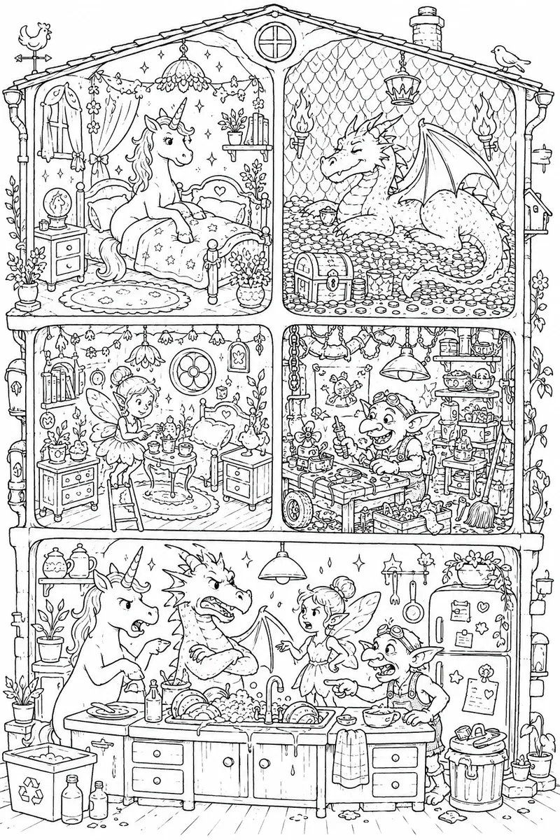 涂色页：独角兽、龙、仙女和地精作为室友的公寓横截面