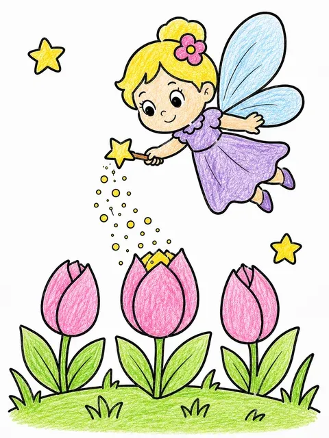 涂色页：小仙女向沉睡的花苞撒魔法尘