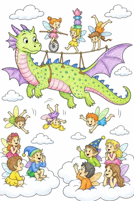Ausmalbild: Feen führen Hochseilakt auf dem Rücken eines fliegenden Drachen durch