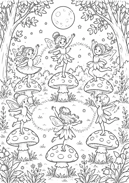 Fairies Dancing on Glowing Mushrooms in Moonlight