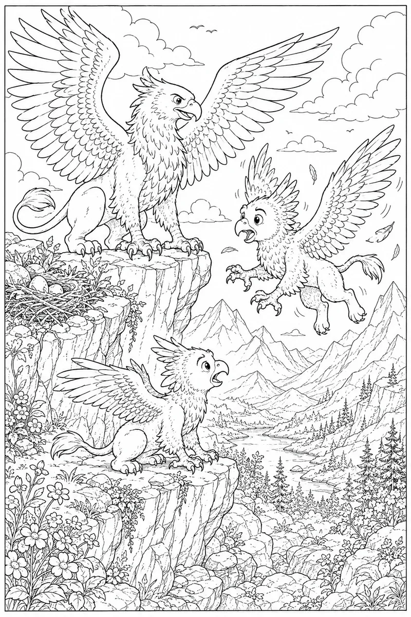 涂色页：狮鹫和幼崽在山坡上第一次尝试飞翔