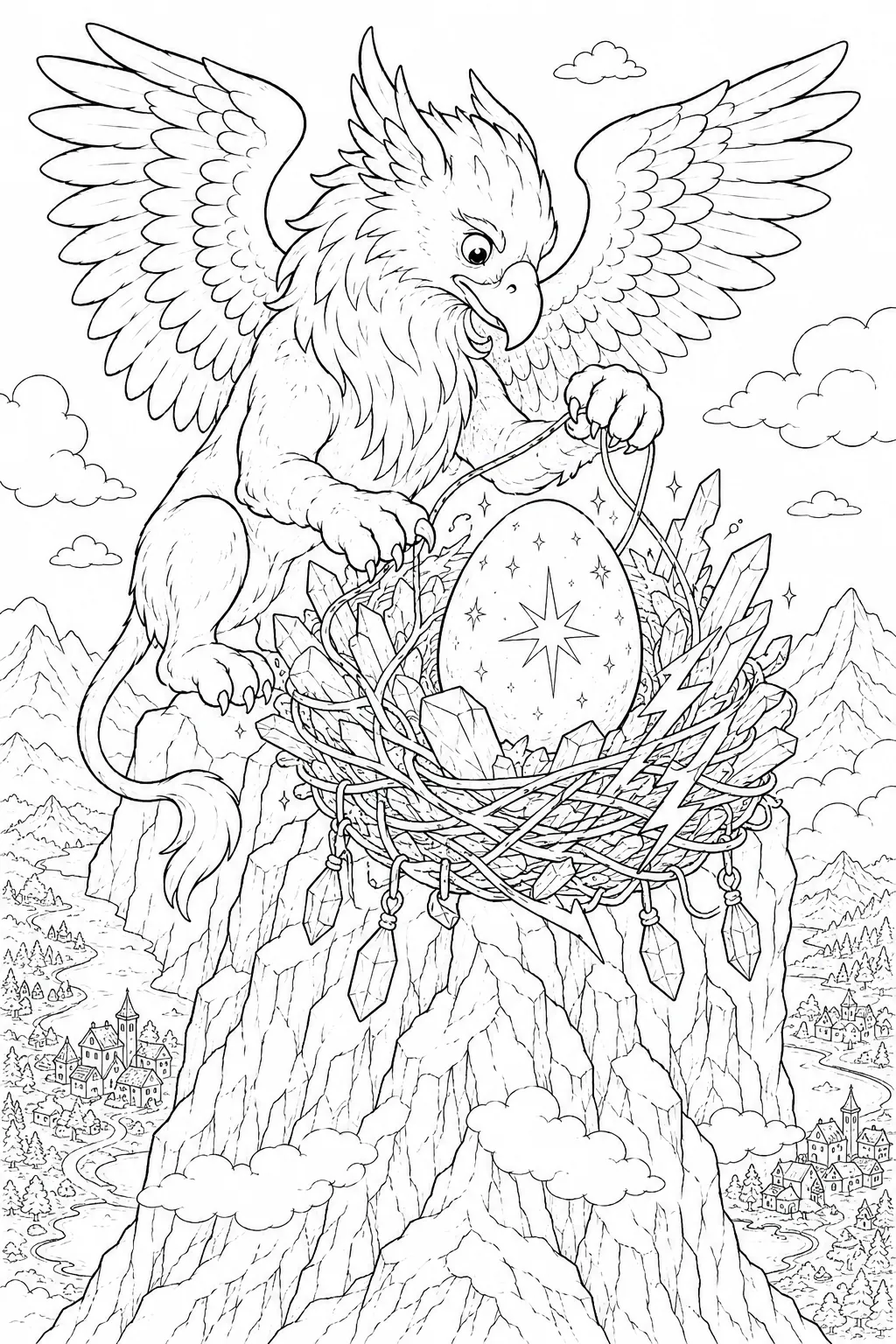 Ausmalbild: Majestätischer Greif baut leuchtendes Mondstein-Nest auf Berggipfel