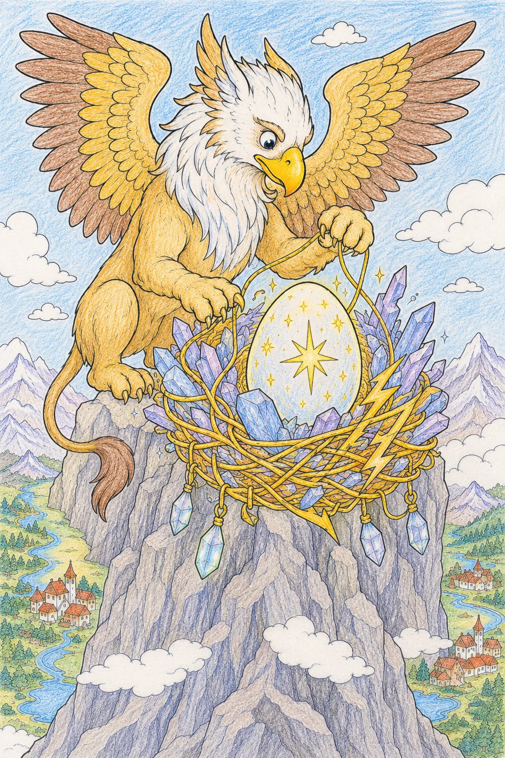 Greif baut ein himmlisches Nest aus Mondsteinen auf dem Gipfel