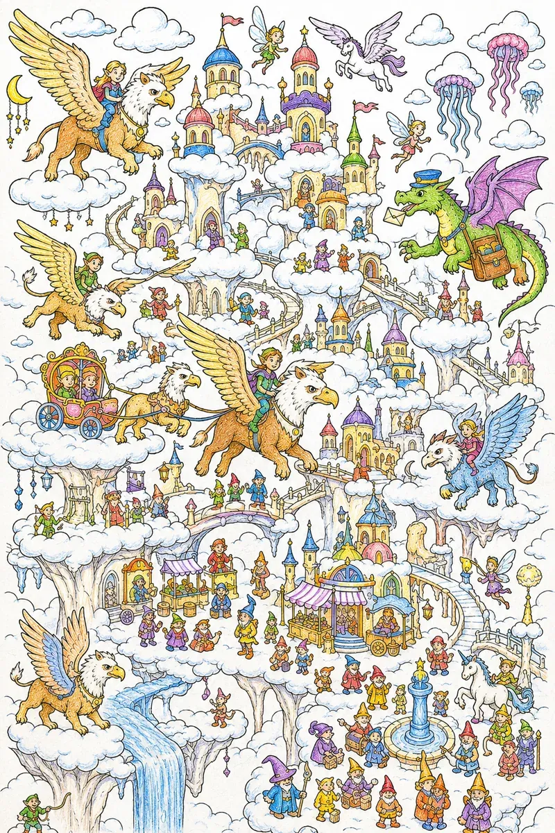 Greife über der märchenhaften Wolkenstadt — Wimmelbild