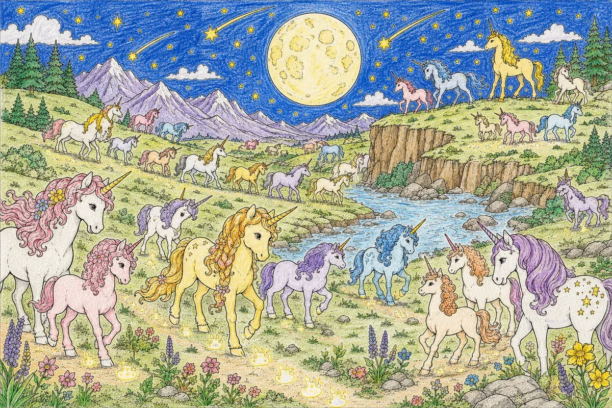 Große Einhorn-Herde auf der Mondlicht-Wanderung — Panorama