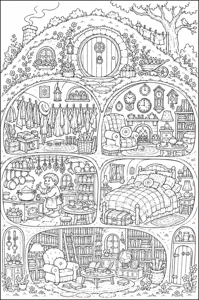 Ausmalbild: Querschnitt Hobbit-Höhle mit Wohnzimmer, Küche und Bibliothek